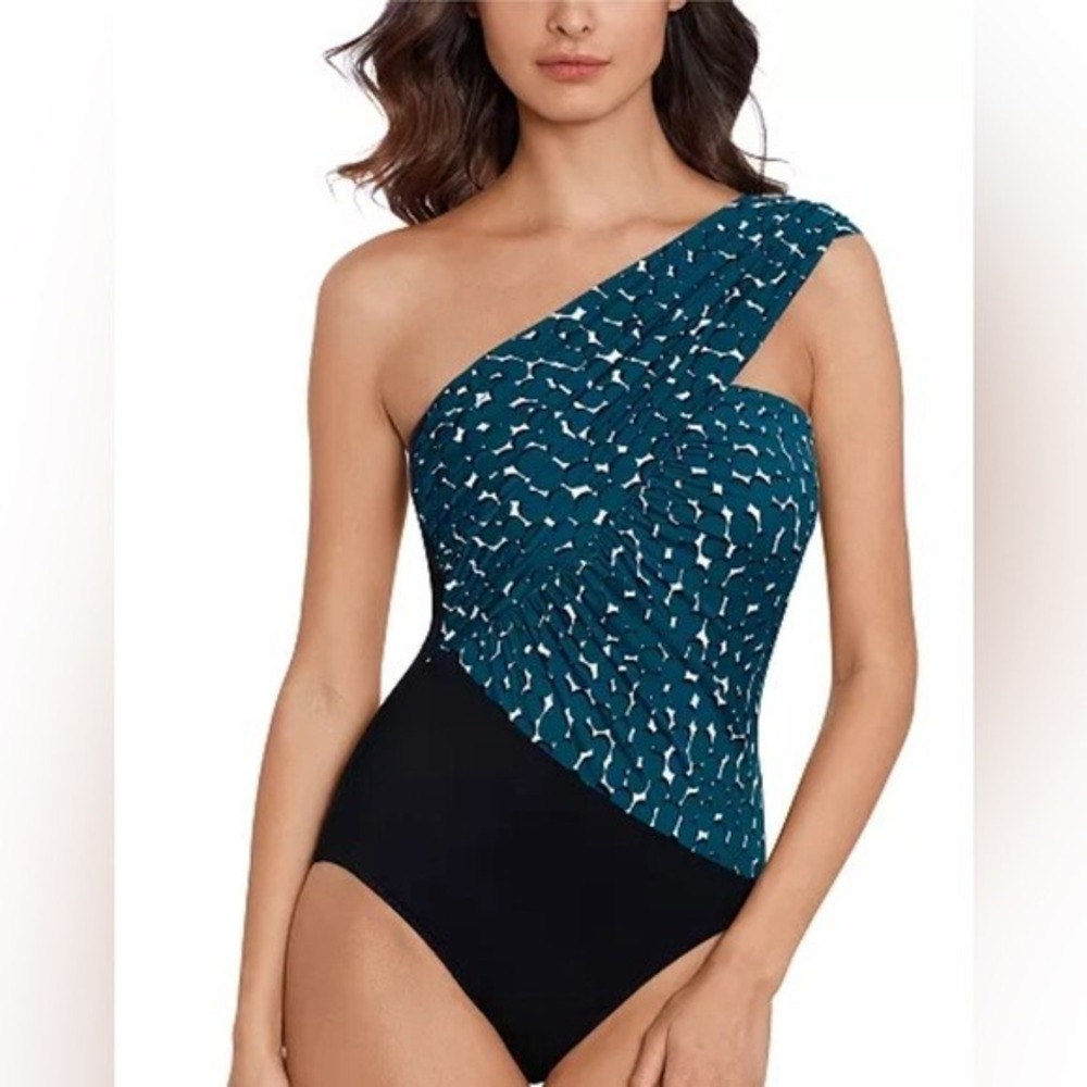Magicsuit One-Shoulder Slimming One-Piece Swimsuit Teal Black 6016973 Size 14